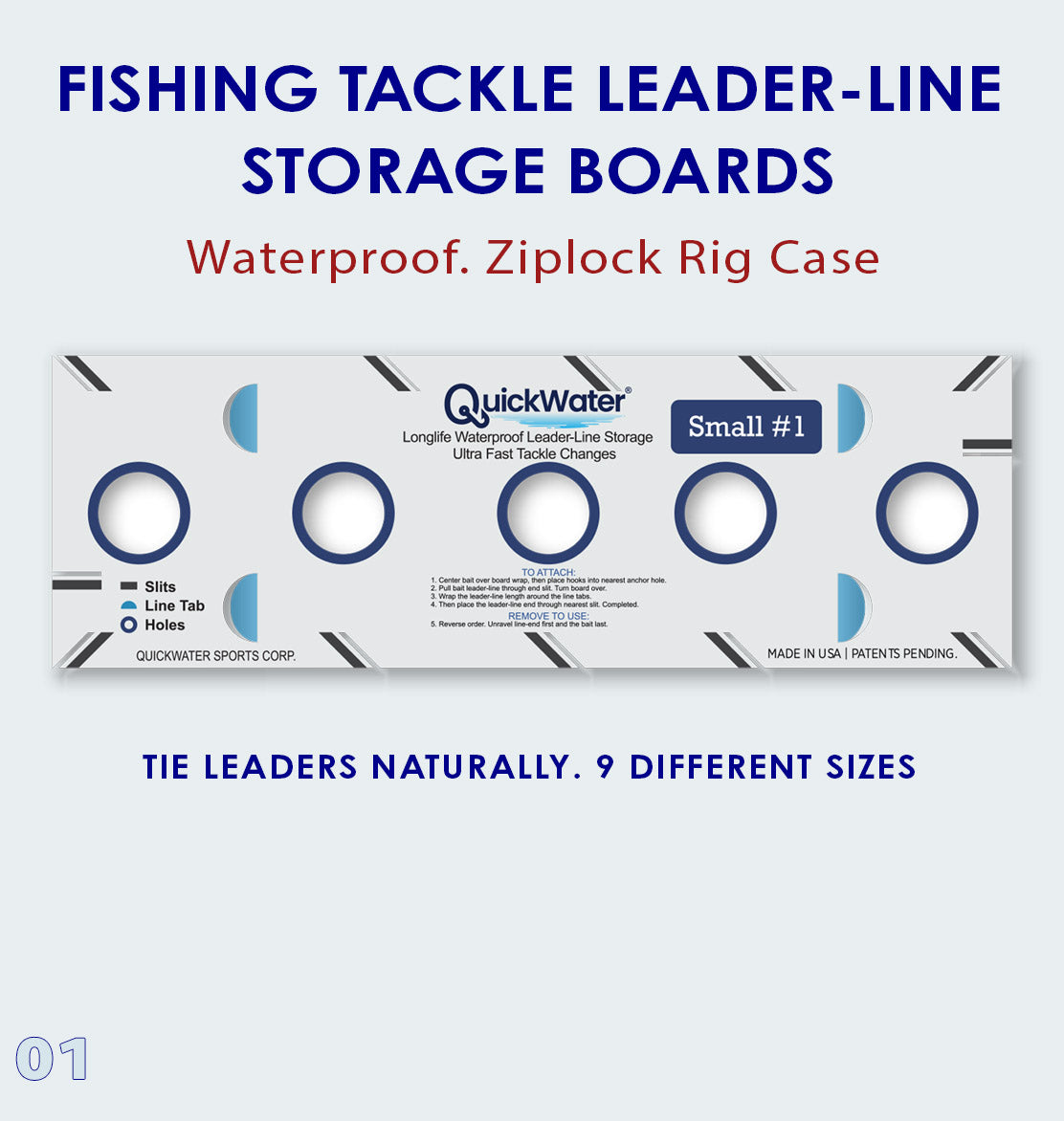Slide 1: Fishing Tackle Leader-line Storage Boards • Waterproof, Ziplock Rig Case • Tie Leaders Naturally, 9 Different Sizes