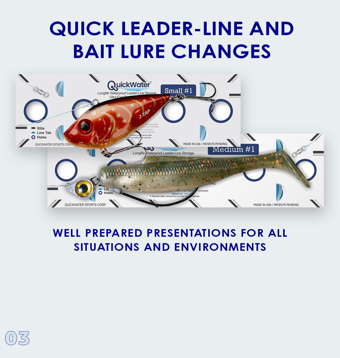 Slide 3: Quick Leader-line and bait lure changes. Well prepared presentations for all situations and environments