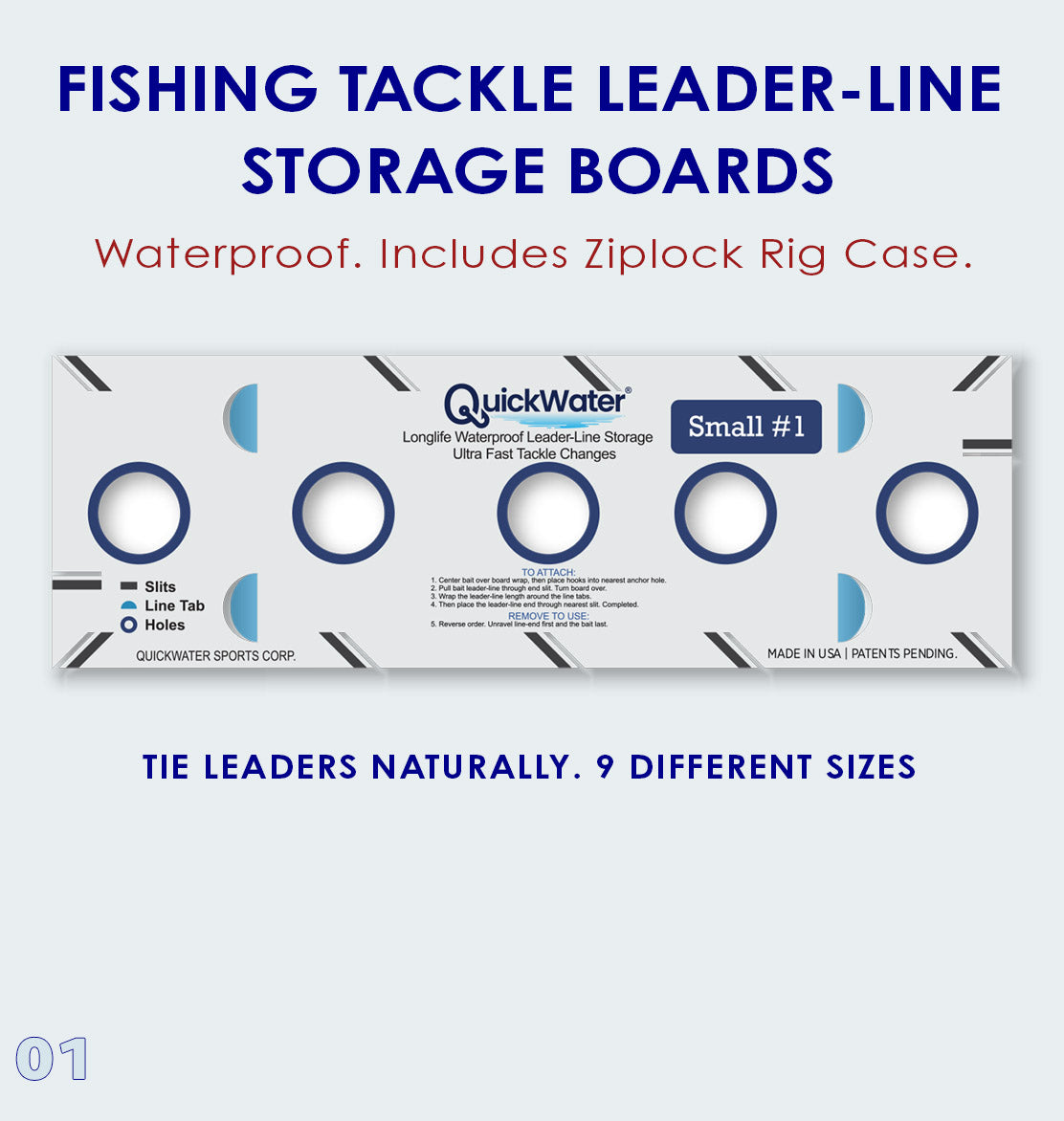 Slide 1: Fishing Tackle Leader-line Storage Boards • Waterproof, Ziplock Rig Case • Tie Leaders Naturally, 9 Different Sizes